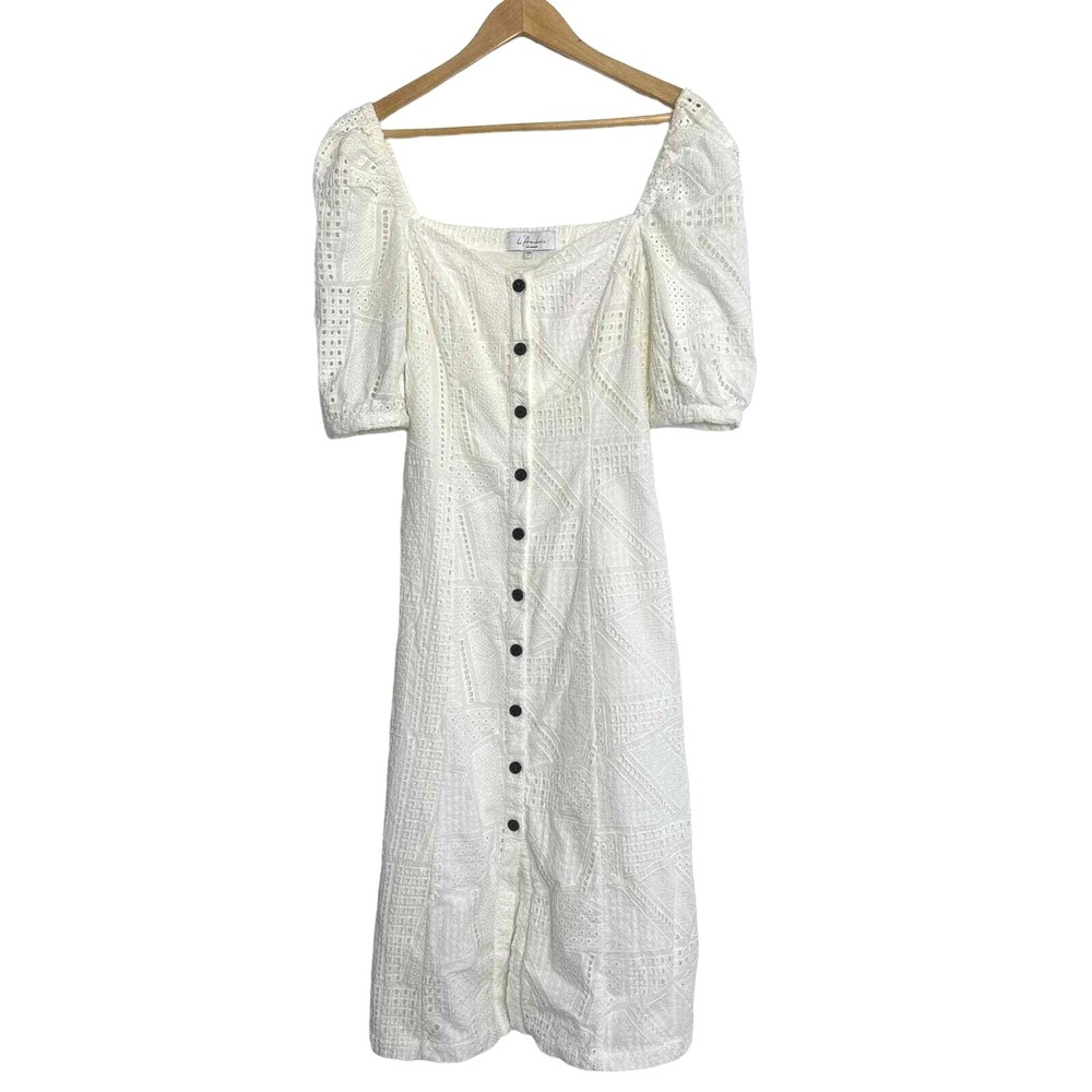 L'Academie Eyelet Midi Dress S Button Down Puff Sleeve Boho Garden CottageWhite